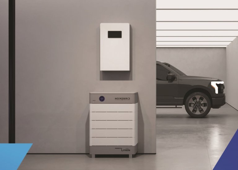 Car parked in garage with white wall, showing solar energy storage and inverter equipment.