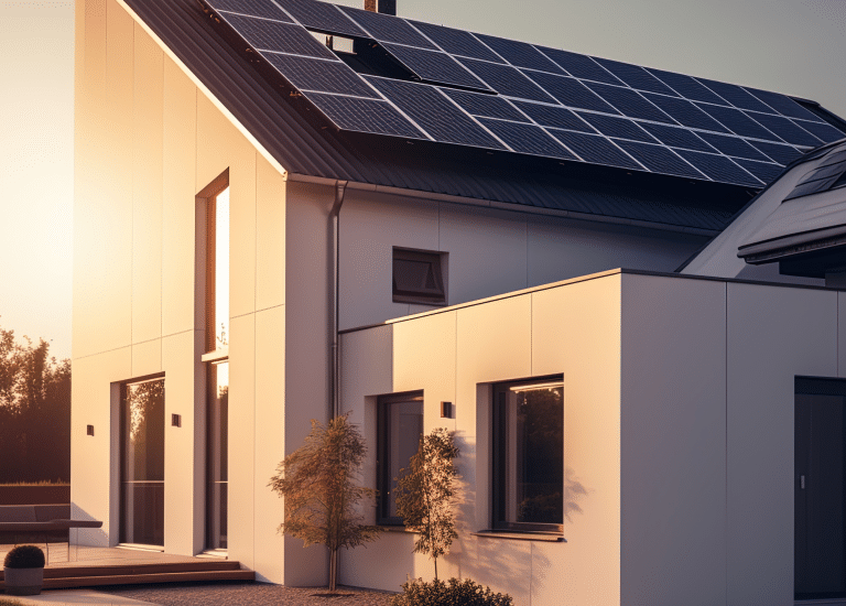 House at sunset showing solar panels on the roof