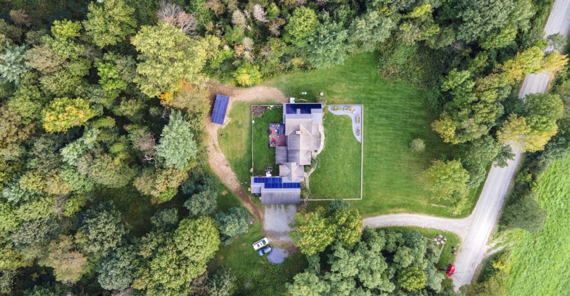 Bird's eye view of full residential solar system in Vermont. 